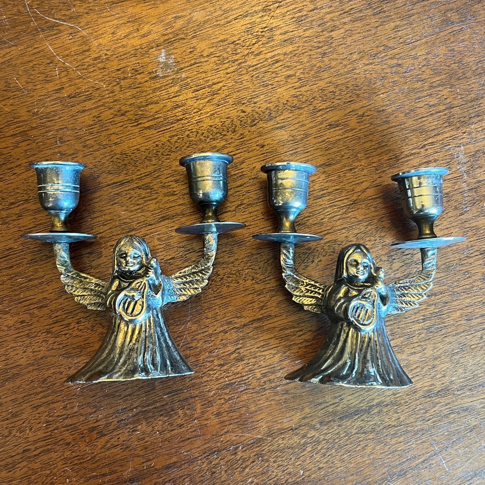 set of 2 heavy angel double candleholders Made in India